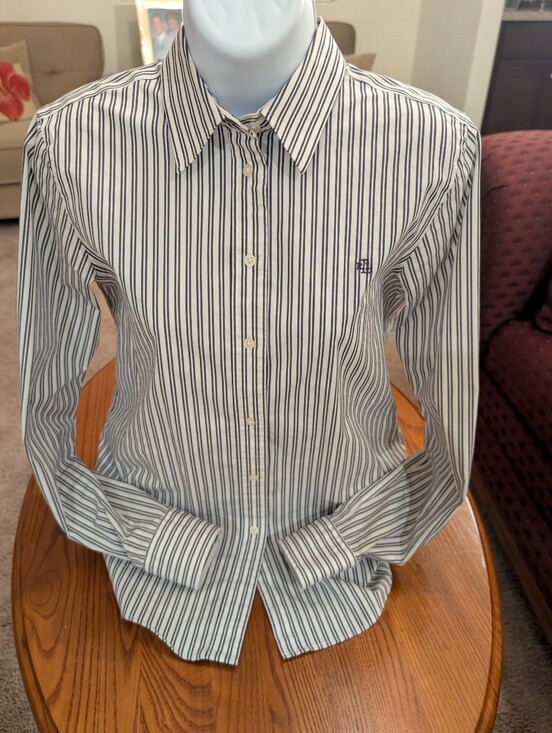 Ralph Lauren Tops - Ralph Lauren White Shirt with Dark Eggplant Vertical Stripes - Size SP
